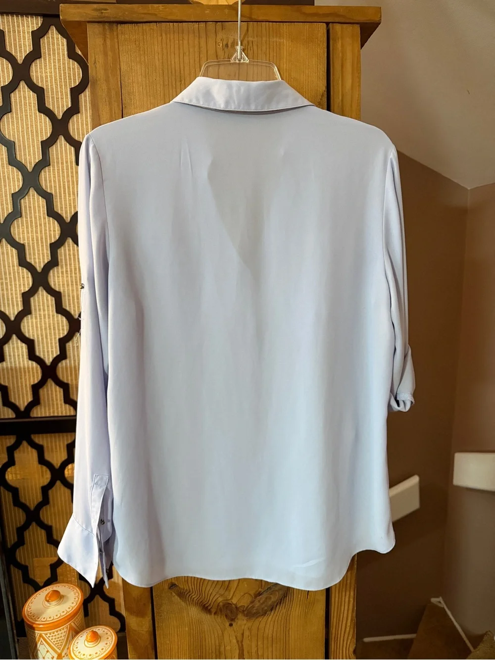 Express Light Lavender Button-Front V-Neck Blouse with Gold Zippers